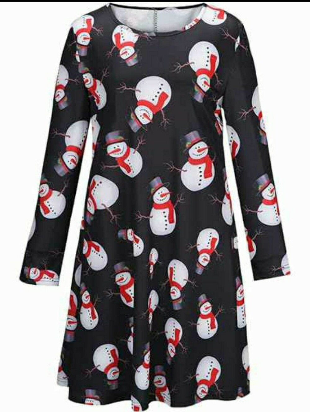 Black Snowman Print Long-Sleeve Mini Dress
